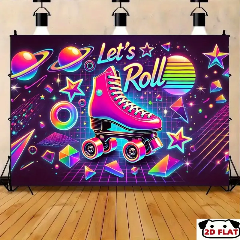 2D Flat Banner 1pc, Vibrant Roller Skating Party Backdrop - Neon Roller Skates & Stars Design, , Easy Setup & Reusable,  Perfect Birthdays, Weddings, Christmas, Thanksgiving