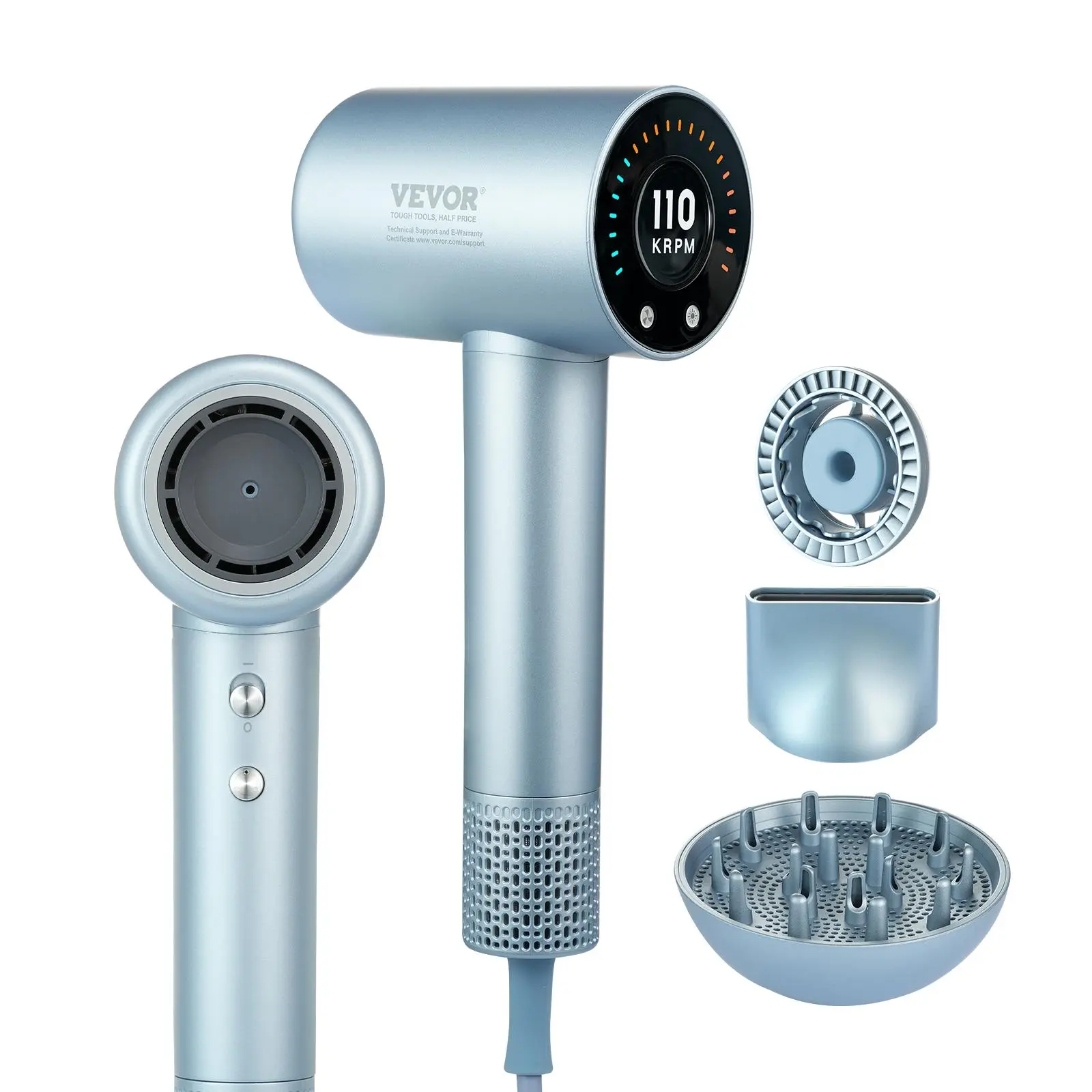 【Summerfinds】VEVOR High-Speed Hair Dryer with 105,000RPM Brushless Motor, 200 Million Negative Ions Hair Blow Dryer, 4 Temps & 3 Speeds, LCD Display Thermo-control Hairdryer with Diffuser & Nozzle for Smooth Hair