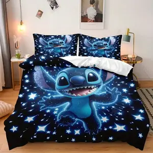 [mothers day gift ideas] DISNEY CLASSIC 3-piece Stitch Sparkling Star Printed Quilt Cover Set (1 * Quilt Cover + 2 * Pillowcases, Core Free), Suitable for Home Bedroom, Guest Room, Dormitory Decoration Items, Three-piece Set on the Bed