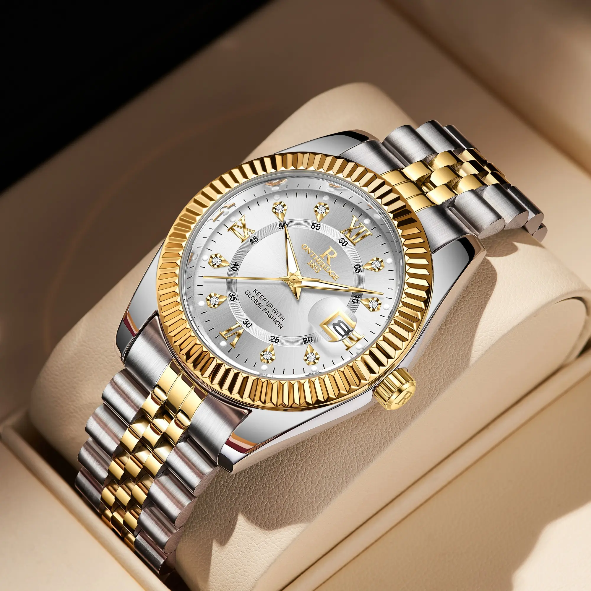 Men's 2-Tone Gold-Silver 41mm Round Quartz Watch - Male Fashion Accessory, Fluted Bezel, Crystal Dial, Date Window, Luminous 30M - 50M Waterproof Steel Alloy Bracelet, Casual Business OOTD Piece, Budget Luxury Watch, Free Gift Box & Adjuster, Limited Deal