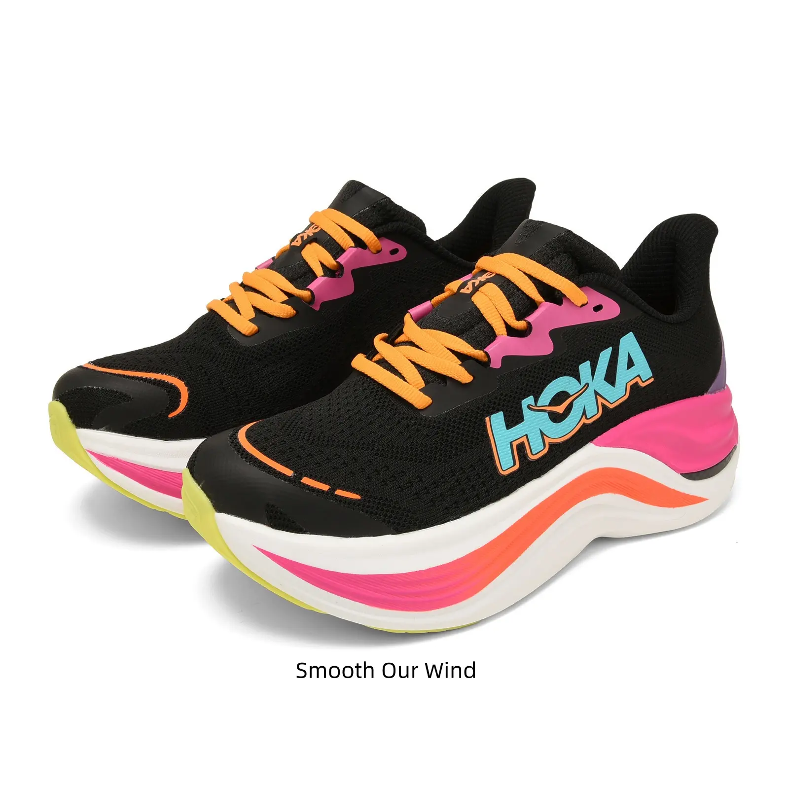 Wide Soft Shock Absorbing Black Running Sneakers, Heat Dissipation Breathable Mesh Upper, Bright Pink Orange Cyan Contrast Graphic Detail, Stable Curved Thick Platform Midsole For Long Distance Jogg