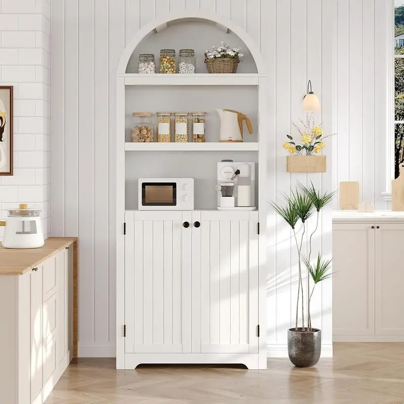 72''Tall Wooden Arched Bookshelf Cabinet - 5 Tier Storage with Double Doors & Adjustable Shelf for Living Room,Bedroom,Home Office,White