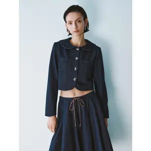 URBAN REVIVO Women's Modern Casual Cotton-Polyester Long-Sleeve Peter Pan Collar Denim Jacket - 2026 Viral Style Outerwear Tops Coats