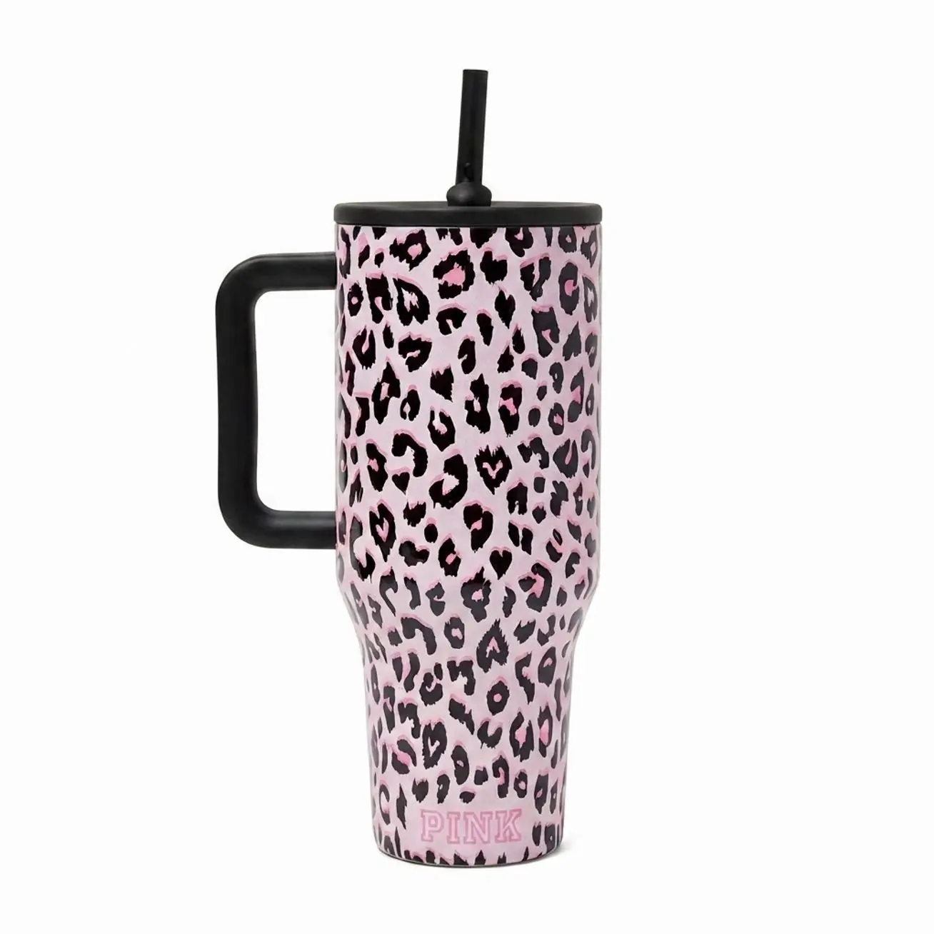 PINK x HydroJug 40oz Tumbler, Pink Leopard Print Insulated Cup with Handle and Straw Lid, Stainless Steel Travel Mug, Limited Edition Gift for Women