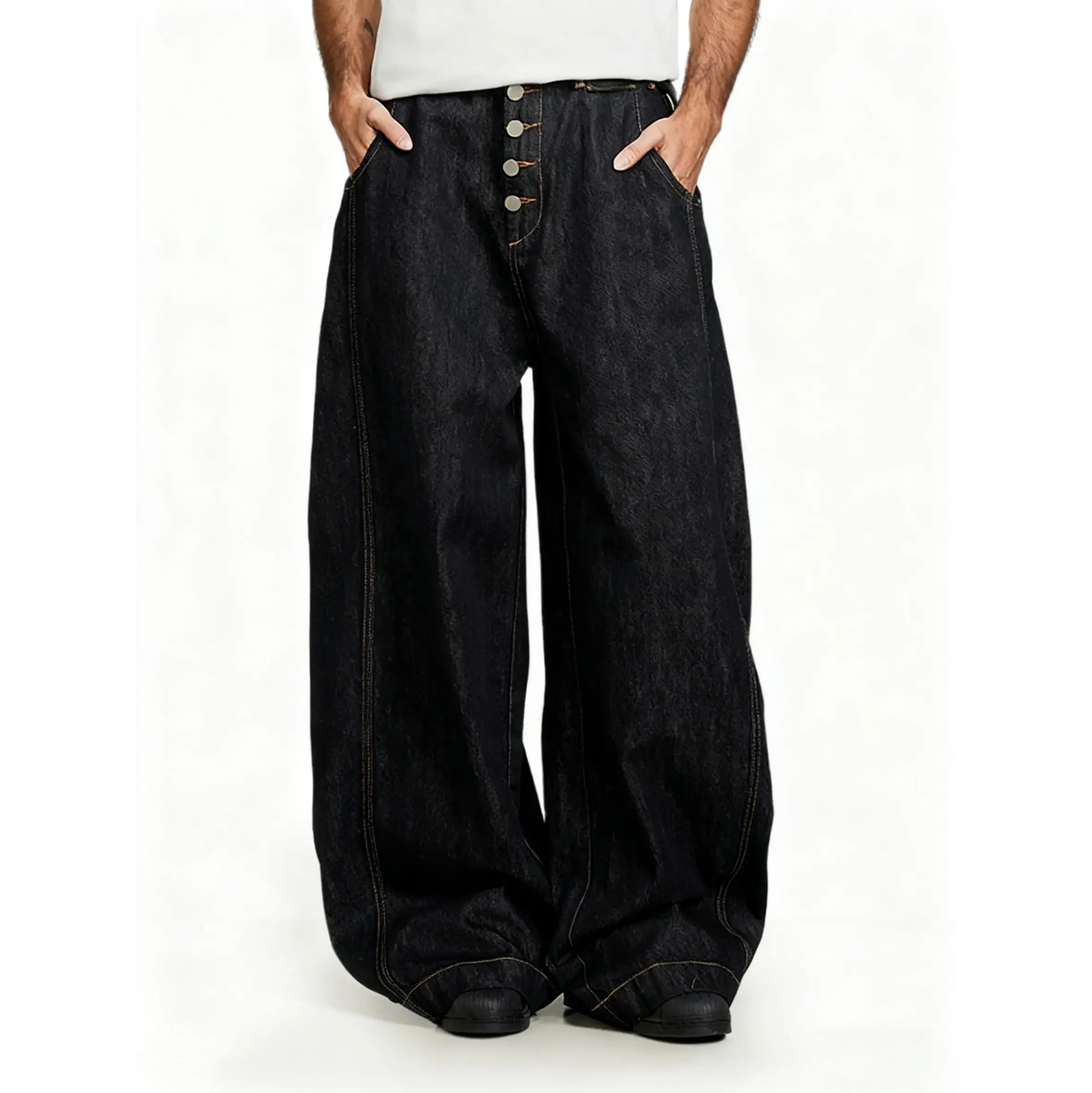 Inflation Baggy Button Design Jeans Street Style Fashion Height Enhancing Design Street Casual Pants Streetwear Denim Relaxed Boot Cut Pocket, Blue Jeans, Menswear  Bootcut Jeans, Baggy Jeans