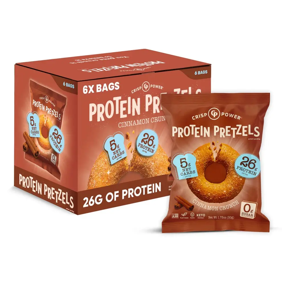 Crisp Power Crispy Crunchy Protein Pretzels - Cinnamon Crunch  Flavor Savory Snacks, 25g Protein, 300g Total, 6 Bags
