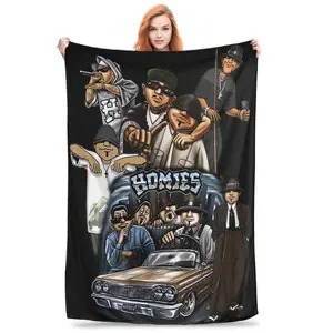 Lil Homies Chicano Style Fleece Blanket Vintage Lowrider Cartoon Print Throw Ultra Soft Warm Flannel Bedding for Bed Couch Sofa All Season Gift for Chicano Culture Fans