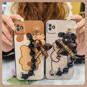 silicone cute Phone Case For Tecno POP5P Skin-friendly feel Simplicity protective case Anti-knock Bear bracelet Black pearl pendant Back Cover soft case Waterproof Dirt-resistant
