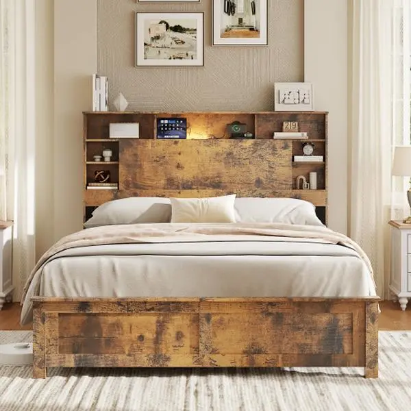 [Bellemave]Size Bed Frame with Storage Headboard, Wood Platform Bed Frame with Charging Station, LED Lights & Bookcase, No Box Spring Needed, Dark Brown