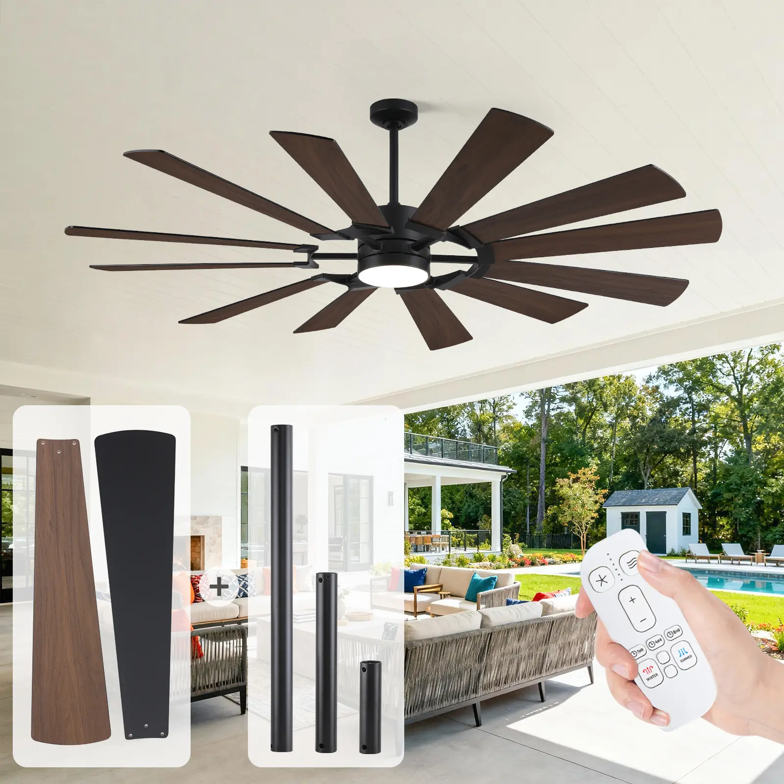 72 in Industrial Light + Fan Ceiling Fan with LED Ceiling Lights, 12 Dual-Finish Blades, Quiet Reversible DC Motor, 3CCT Ambient Dimmable LEDs, 6 Speed, Remote Control for Patios, Living Room, Large Size, Ambient Dimmable Led, 30Db Quiet Fan