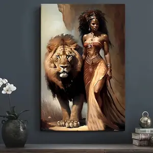 [African Goddess Canvas Art] Vintage Wall Decor - 1pc  Canvas Poster of African Goddess & Lion Royalty Art in Warm Earthy Tones (Golden/Beige/Brown/Black/Red), Wrapped Canvas  - Ready-to-Hang Living Room, Bedroom, Office Decoration - Unique Gift for Af