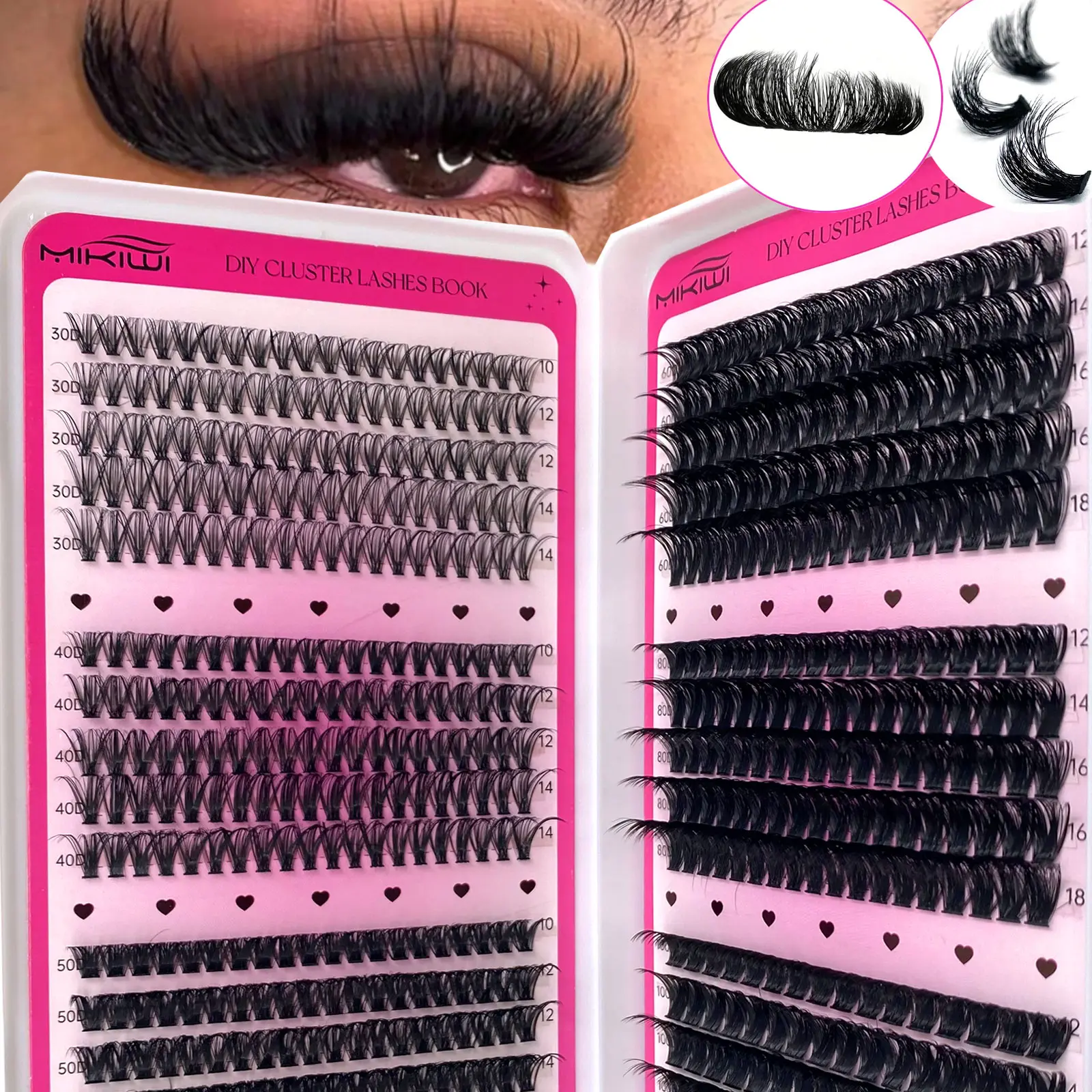 Mikiwi Natural-looking Eyelash Extension 6-In-1 High Capacity Lash Clusters, 10-18mm LongLashes, Reusable, 570pcs, Thick Single Lashes, DIY Eyelash Extension, Cartoon Style, Mink Lash Strips, Thick Type