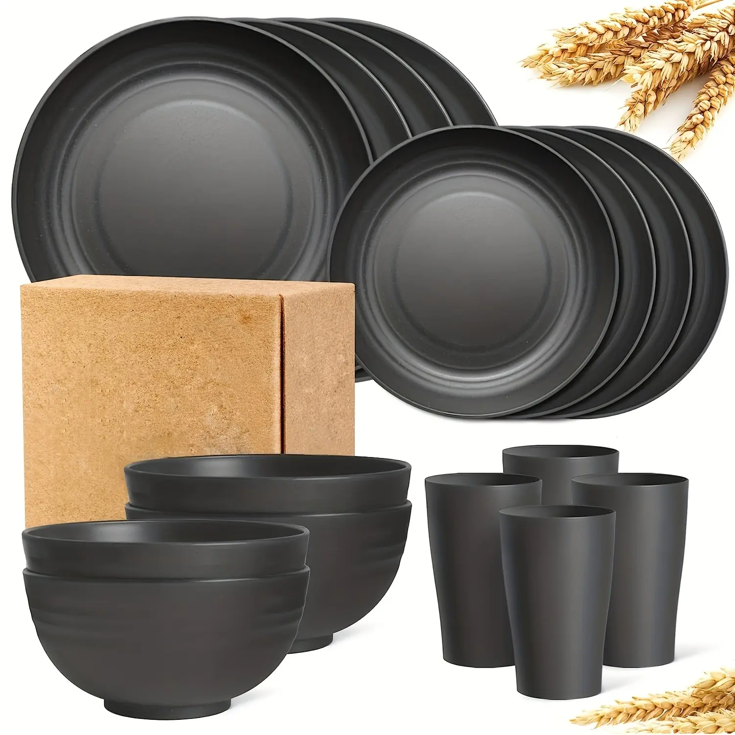 Sebastian CADIA 16-Piece Durable Wheat Straw Tableware Set - Plastic-Free Dinnerware, Kitchenware, Reusable Plates Bowls Cups, Microwave-Dishwasher Safe, Black Modern Cutlery for Family Gatherings