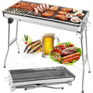 BBQ Grill Charcoal Barbecue Grill Stainless Steel Folding Camping Yard Portable