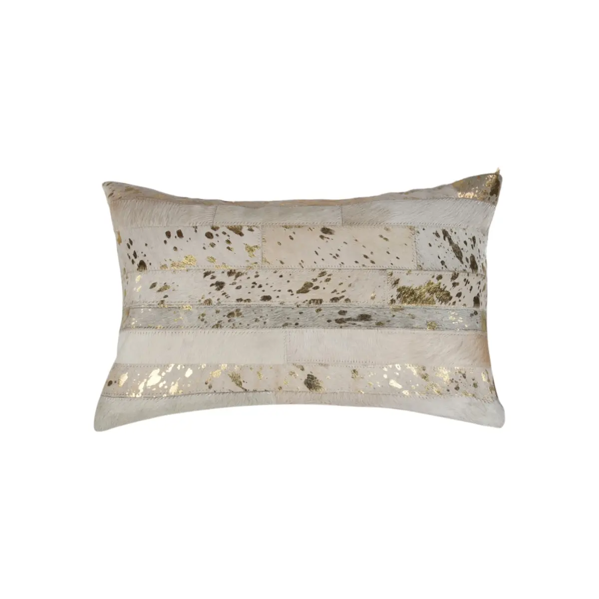 HomeRoots 544635 12x20 in. Natural & Gold Patchwork Cowhide Lumbar Pillows - Set of 2, Glitter-Accented Throw Cushions for Living Room Decor, Dry Clean Only