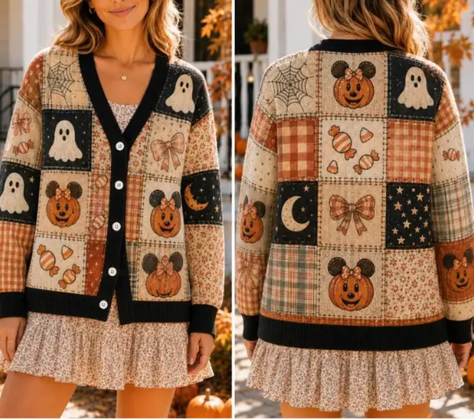 Halloween Cardigan 2026, Mouse Head Pumpkin Patchwork Sweater, Ghost Web Bow Knit, Fall Cardigan, Gift for Her