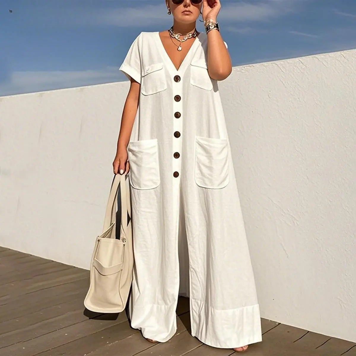 Women's Lightweight Cotton Jumpsuit, Casual Solid Fashion V-Neck with Short Sleeves and Button Pockets (Size Up for a Looser Fit)