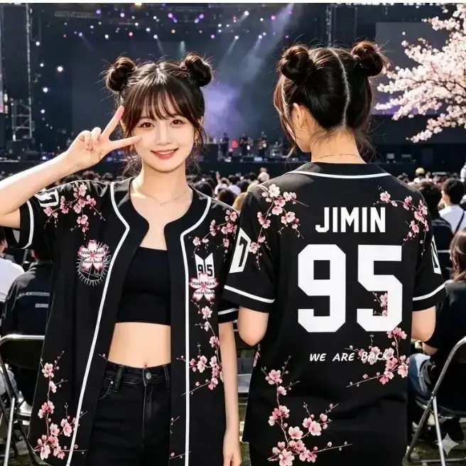 Unisex Black Cherry Blossom Baseball Jersey We Are Back Graphic Button Down Shirt Short Sleeve KPop Fan Concert Apparel Summer Tops
