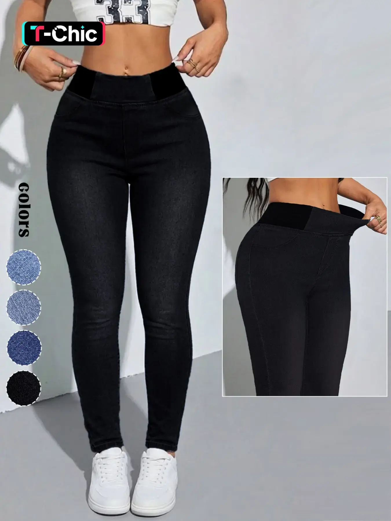 GILIPUR Women's Mid-Rise Stretch Skinny Fitted Jeans,Contrast Elastic Waistband Pockets Pull On Pants,Y2K Basic Casual Everyday Comfortable Slim Fit Denim Cotton Leggings for Daily&Outdoor TChic Trouser