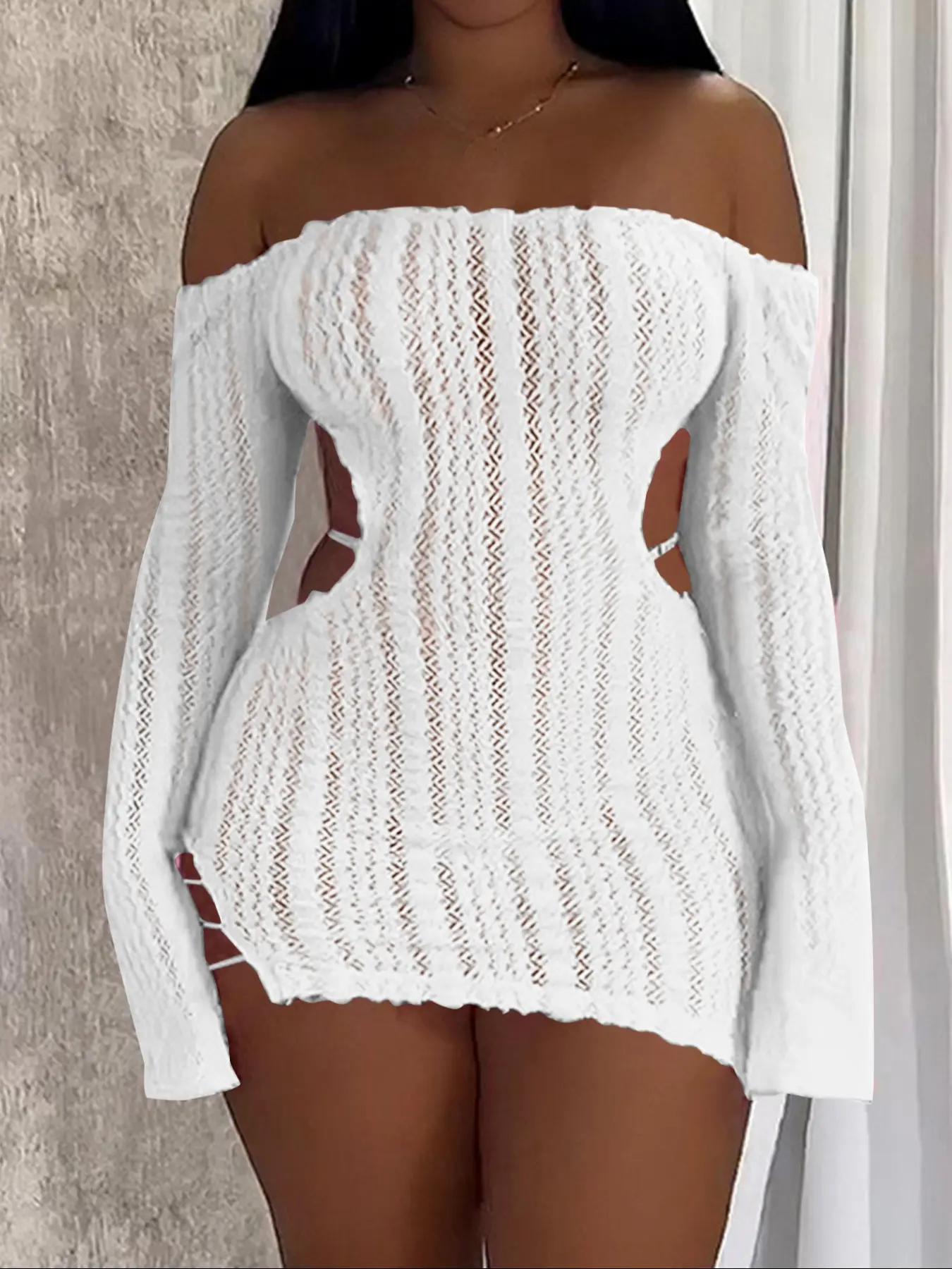 Women White Lace Mini Dress Cutout Dress Off Shoulder Long Sleeve Sheer Crochet Knit Bodycon Cut Out Side Tie Backless Slim Fit Ruched Stretch Club Party Night Out Vacation Beach Cover Up Dress Sexy Y2K Going Out Outfit Lady Womenswear