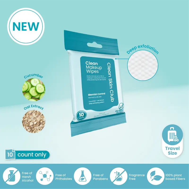 Clean Makeup Wipes Blemish Control Travel 10ct: Refreshing, Non-Irritating Removal for Normal to Oily Skin