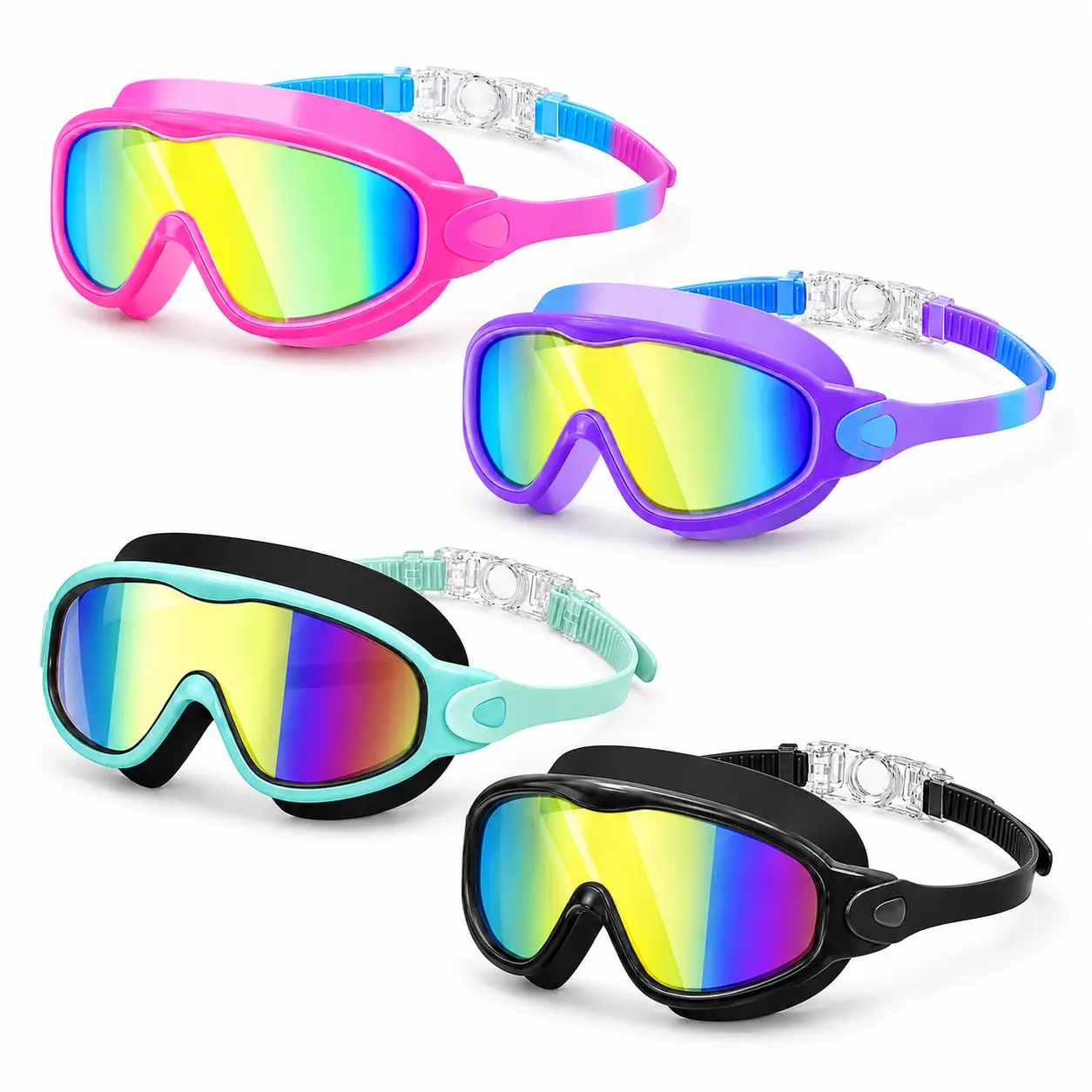 4-Pack Kids Swim Goggles with Earplugs & Nose Clip – Wide View, Anti-Fog & UV Protection, Adjustable Straps for Ages 3-15, Ideal for Pool & Beach
