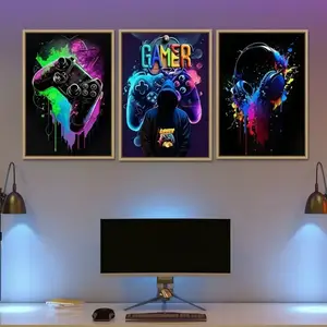 3pcs Wooden Frame Canvas Art Set, Artistic Punk Style Game Room Decor, Cool Wall Poster for Kids' Rooms & Unique Player Gifts