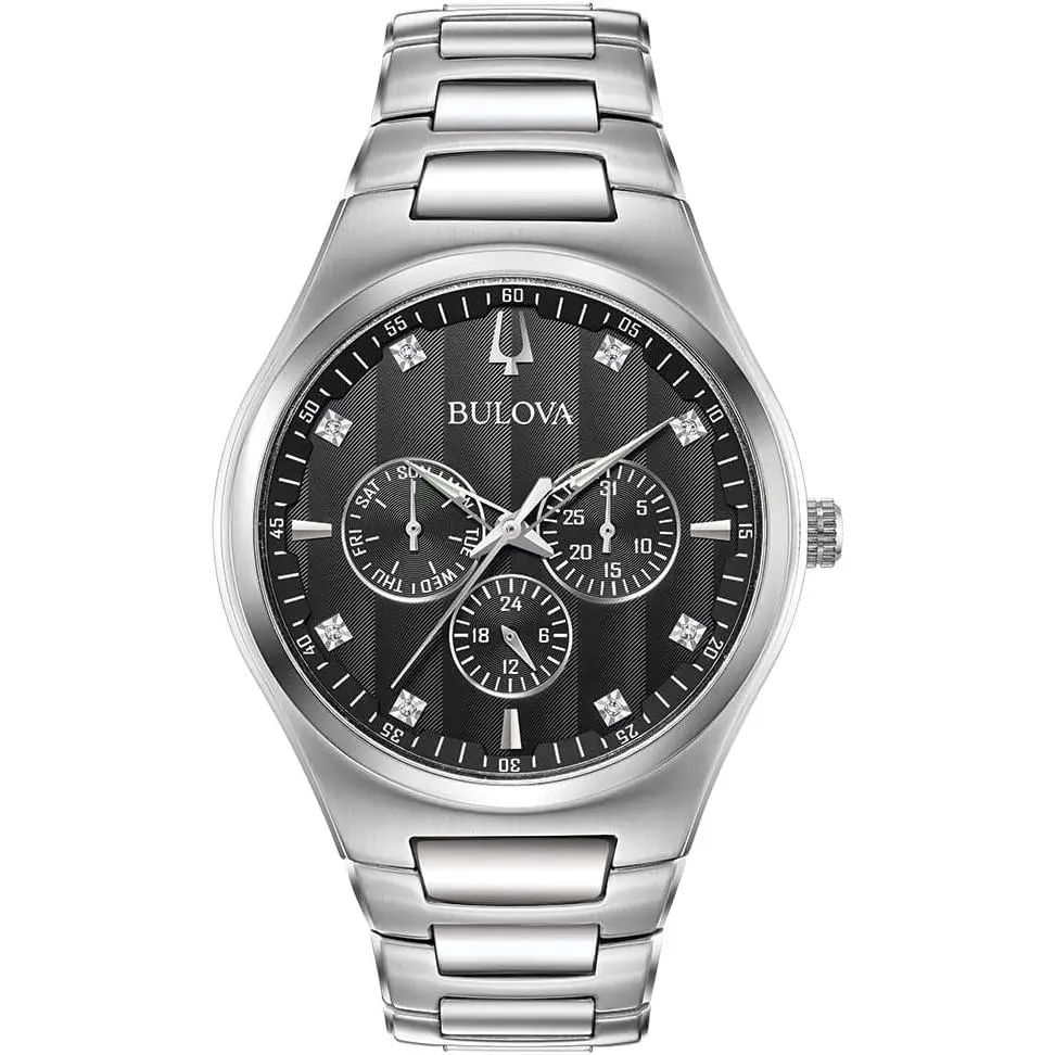 Bulova Classic Men's Stainless Steel Multi-Function Watch with Diamond Accents, 30M - 50M Water Resistance, Textured Dial, Luminous Hands, Mineral Crystal Lens for Everyday Use (Model 96D143)