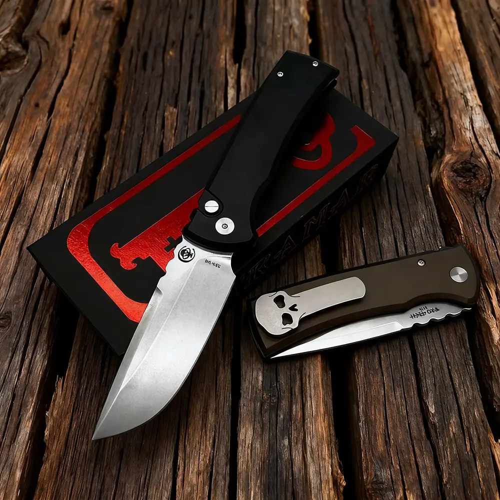 Premium CPM S35VN EDC Folding Knife 229 Model, 3.38 Inch Stonewashed Blade Secure Button Lock, Light Aluminum Handle Detachable Clip, Outdoor Utility Pocket Knife Comes with Gift Box for Men Gift