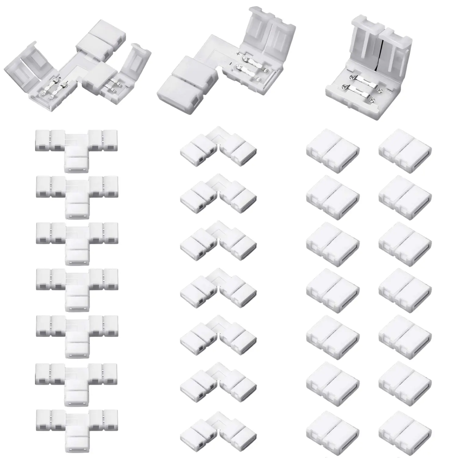 40 Pack 2 Pin LED Light Strip Connectors Kit for 3528 2835 SMD RGB Strip, L-Shaped T-Shaped Solderless Gapless Adapter Connectors, Easy for DIY Lighting Projects (White) ﻿