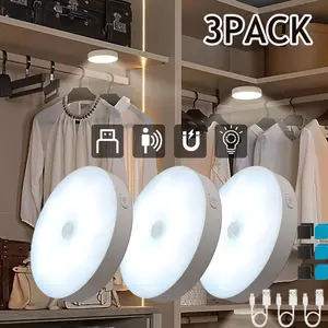 3-Pack Pir Motion Sensor USB Night Light, 8 Leds Dimmable, Dual Light Modes, Light Modes Adjustable, /warm, Rechargeable, Under-Cabinet Lamp for Kitchen & Bedroom