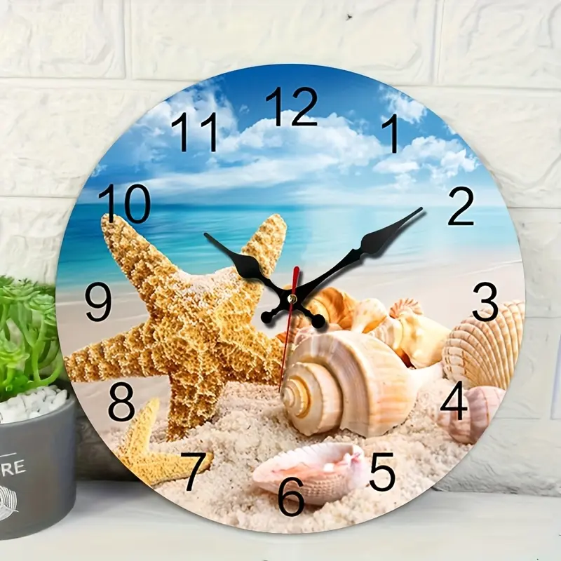 A Round Wall Clock Designed with a Beach And Shell Theme, Featuring Silent Operation Without Ticking, Perfect for Home Decoration During Holidays And As a Gift