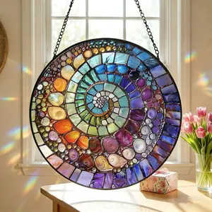Abstract Rainbow Shell Spiral Suncatcher Stained Glass Coastal Beach Gift