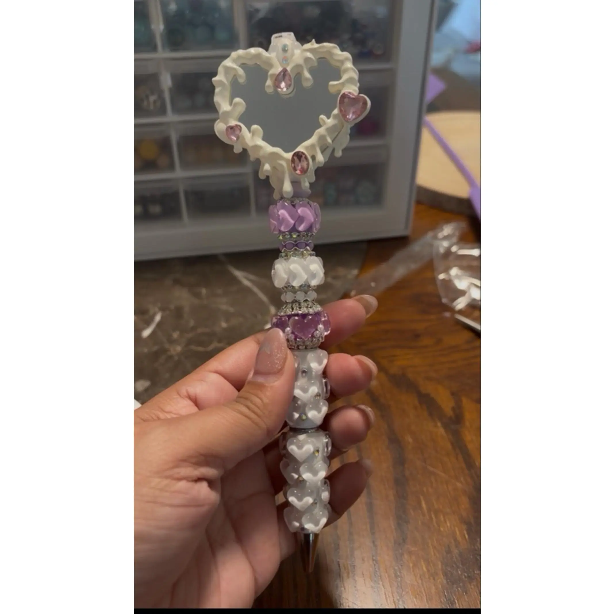 Beadable Pen Mirror with White Pink and Purple Beads for Crafting and DIY Projects
