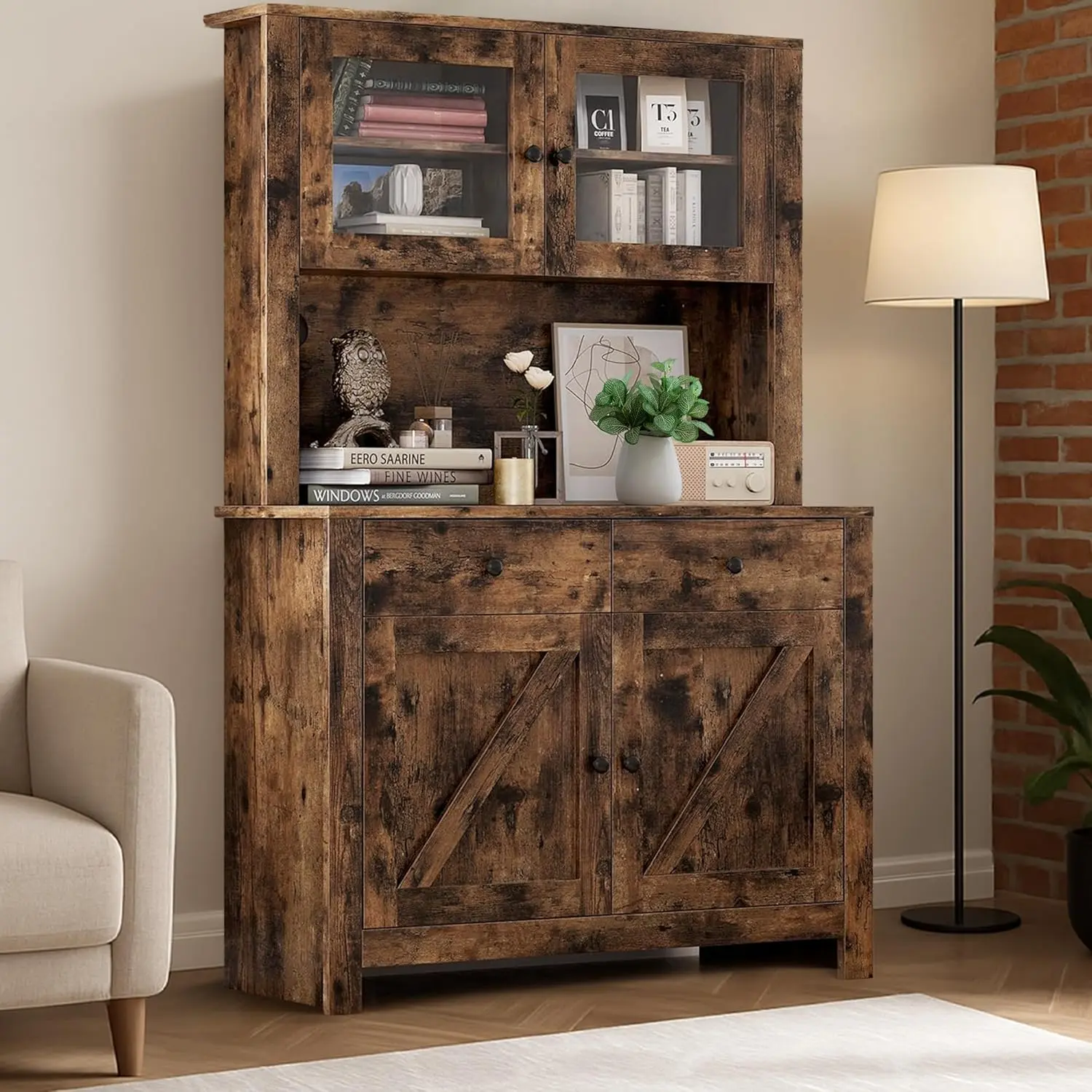 Gaomon 63 in Tall Modern Brown Freestanding Kitchen Pantry Cabinet - With Drawers, Hutch, Glass Doors, Adjustable Shelves, Microwave Stand, Reinforced Base, Quick Setup