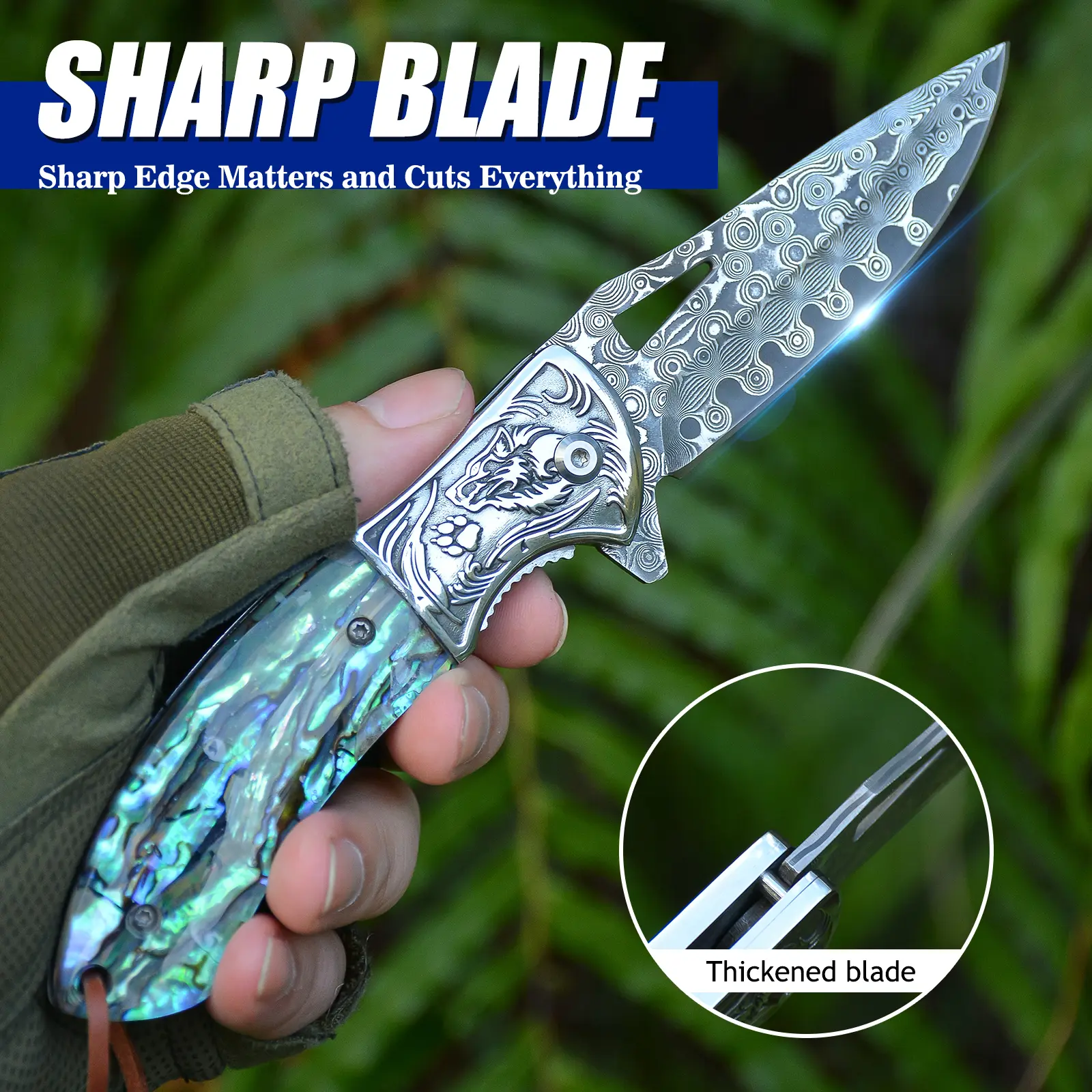 Damascus knife, color shell, folding knife, outdoor fruit knife, camping folding knife, collection knife, multi-functional folding knife, light and easy to carry, men's gift