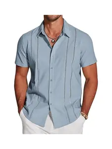 Men's Cuban Guayabera Shirt Short Sleeve Button Down Shirts Casual Summer Beach Linen Shirts