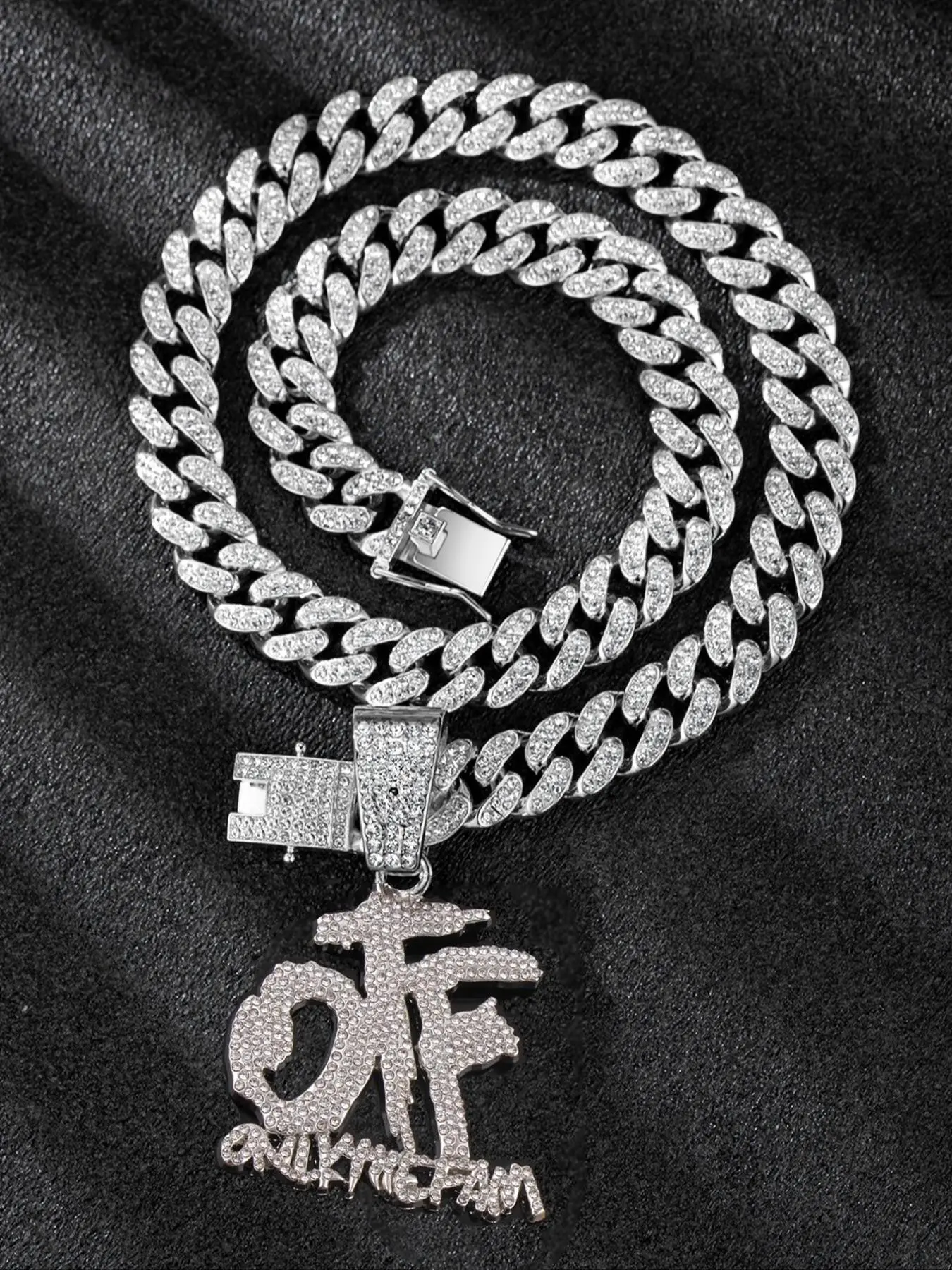 Men's Hip Hop Pendant Necklace, Full Diamond Otf Letter Charm, Cuban Link Design Chain Jewelry, Trendy Streetwear Accessory, Fashionable Men's Necklace, Cuban Link Necklace, Cuban Link Chains, Alphabet Necklace, Cuban Necklaces