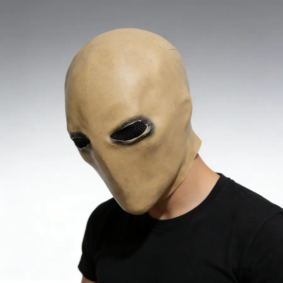 Textured faceless, slender human latex full head mask; featureless tall headgear for TikTok creepy stalker horror skits and haunted house jump scares; ideal gift