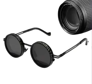 Men's Retro Steampunk Round Sunglasses, 9-Gear Adjustable Tint Polarized UV400 Eyewear, Anti-Glare Dimming Metal Frame Shades for Driving, Fishing