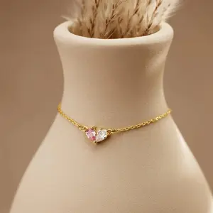 AS668 Heart-shaped Two Birthstones Bracelet Personalized DIY Stainless Steel Bracelet Couple Gift