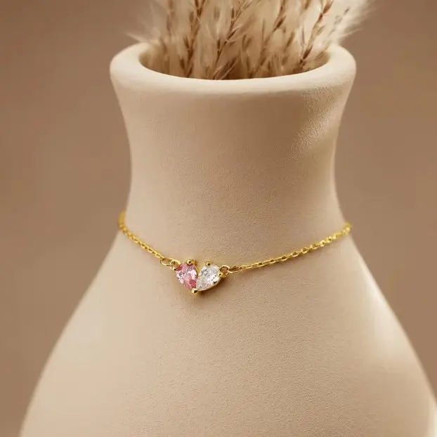 AS668 Heart-shaped Two Birthstones Bracelet Personalized DIY Stainless Steel Bracelet Couple Gift