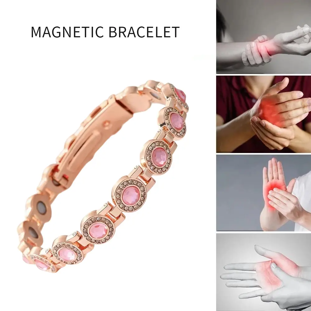 Rose Gold-Tone Copper Bracelet for Women with Emerald Green Halo Stones & Crystal Inlays, Adjustable Magnetic Band, Romantic Hypoallergenic Jewelry for Anniversary & Special Occasions, Comfortable Fit, Birthday, Adjustable Link, Fashionable, Copper Platin