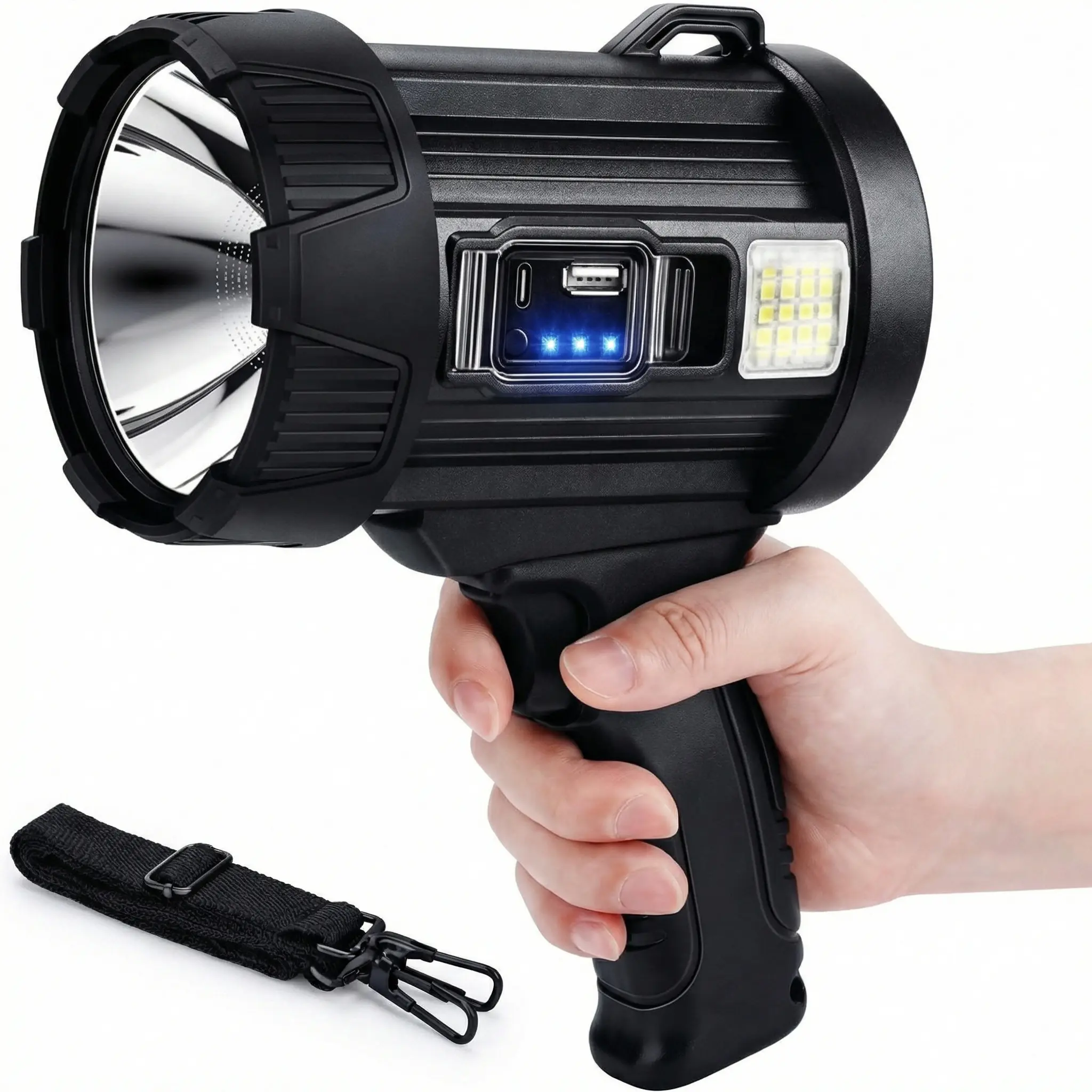 Rechargeable Solar Spotlight Flashlight with COB Work Light & 4 Color Lenses, Portable High Lumen Handheld Searchlight for Camping, Hunting, Boat, Emergency, with Shoulder Strap