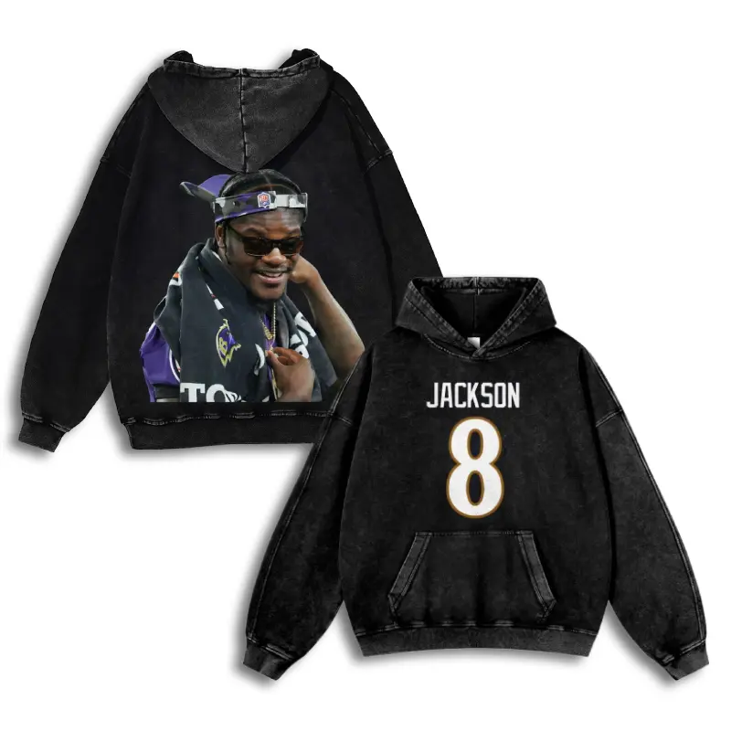 Lamar Jackson #8 Ravens Casual Washed Hoodie | Electric QB Gear, Purple Flock Identity, Retro Washed Dual-Threat Essential