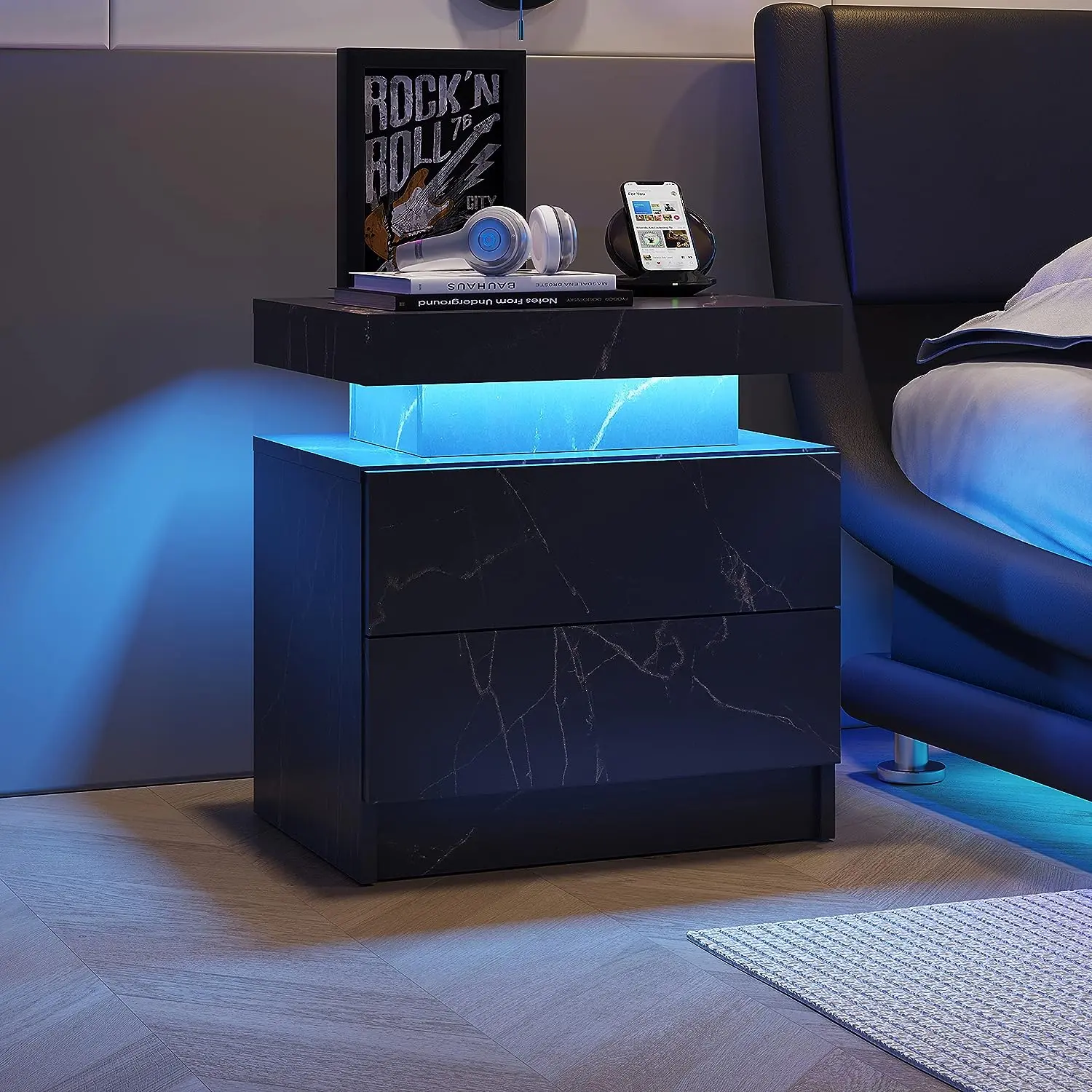 Black Marble Pattern Modern Bedside Table - 2-Drawer Nightstand, RGB Color-Changing LED Light with Remote, Indoor Bedroom Furniture