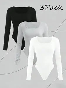 1/3pcs Women Slim-Fit Long Sleeve Bodysuits | Stretchy & Comfortable, Solid Color (Black, Gray, White) for All Seasons, Perfect for Travel, Music Festivals & Casual Wear, Medium Elasticity Fabric, Skinny Fit, for Outdoor