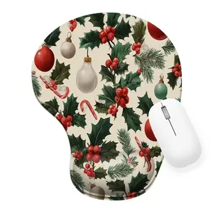 Christmas Themed Silicone Wrist Rest Mouse Pad - 8.98*7.56inch - Comfortable Support for Office & Home Use, Festive Holly Berries & Ornaments Design, Perfect Gift for Computer Users