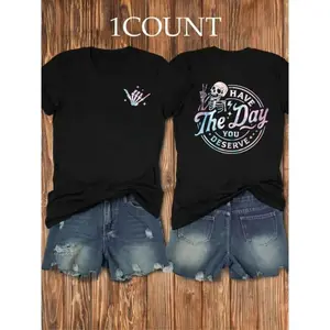 Graphic T-Shirt Women's Skeleton & Letter Print Round Neck Tee |   Fashion Casual Crew Neck Short Sleeve, Summer Tops, Vacation Outfit, Streetwear Style, TikTok Trending, Cute Graphic Tee, Y2K Aesthetic, Casual Daily Wear, Viral Outfit, Women’s Fashion To