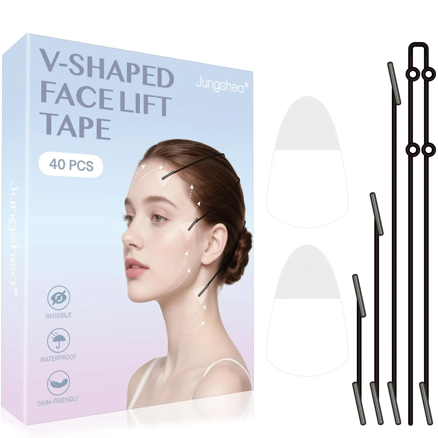 Jungshea V-Shaped Silicone Anti Wrinkle Tape Facelifting Band Facial Care Tool Kit - 40 Tapes, 4 Straps, Discreet, Waterproof, Adjustable, Reusable, Skin-Friendly, Temporary Lift, Under Makeup, Daily Wear, Stays in Place Up to 6 Hours